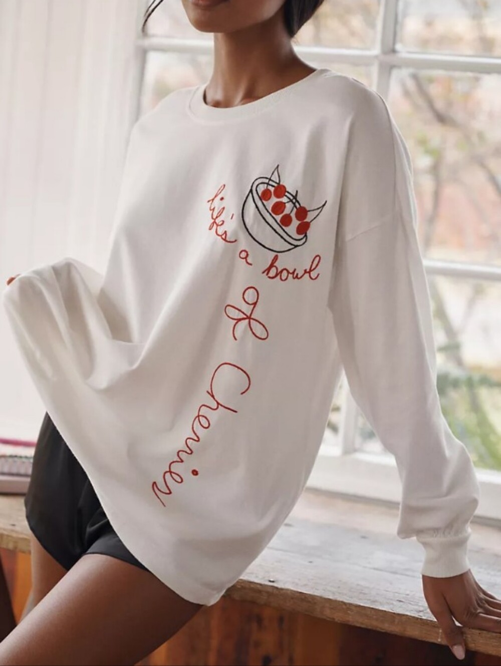 Lyre Bird Anthropologie Long Sleeve Embroidered Life's A Bowl Of Cherries Top